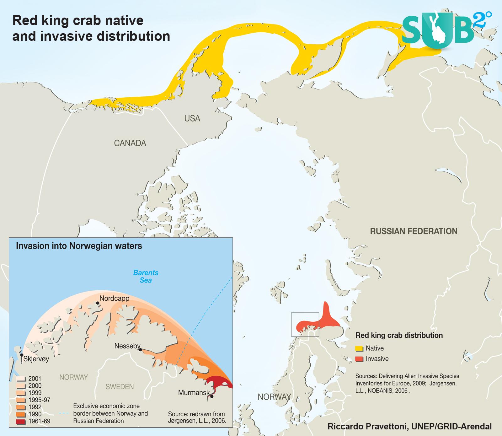 The map shows the distribution of red king crab, both native and invasive.